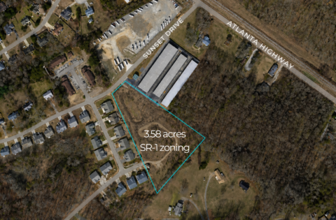 Aerial view of 3.58-acre townhome development site at 00 Sunset Drive in Statham, Georgia with property boundary outlined