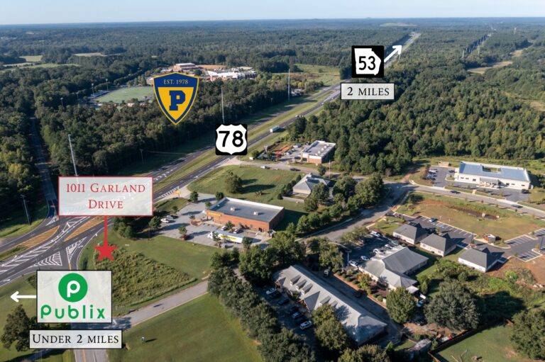 Aerial view of 0.46-acre commercial corner lot at 1011 Garland Drive, Hwy 78 and Pete Dickens Road, Bogart, Oconee County, Georgia