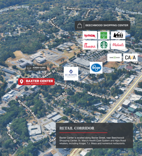 Aerial map of Baxter Center at 1091 Baxter Street near Beechwood Shopping Center, Athens, GA