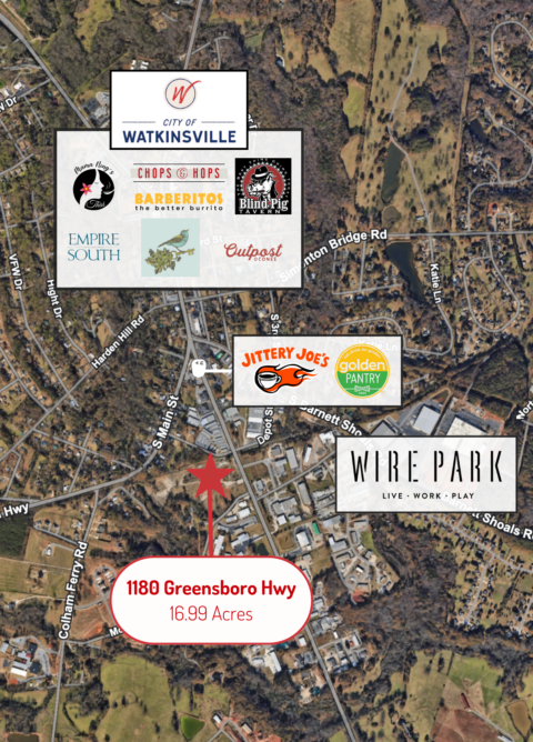 Retailer map showing 1180 Greensboro Highway Watkinsville GA near Wire Park and Downtown Watkinsville