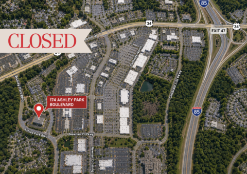 Aerial map of 174 Ashley Park Boulevard in Newnan, Georgia marking the closed commercial property sale