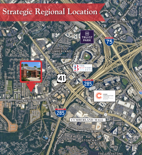 Aerial map showing 2791 Woodland Terrace in Smyrna, GA near I-285, I-75, Truist Park, and Cobb Convention Center