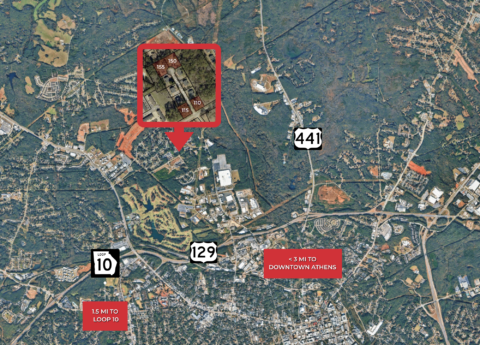 Aerial map showing Cumberland Court land portfolio location relative to Loop 10 and downtown Athens, GA