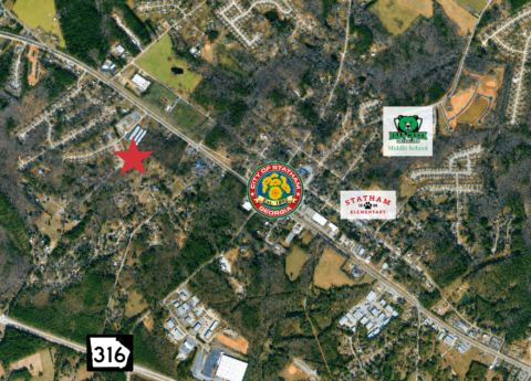 Aerial location map showing 00 Sunset Drive in Statham GA near Highway 316 and Atlanta Highway