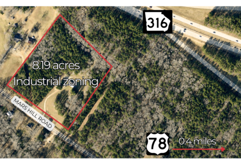 Aerial view of 4330 Mars Hill Road in Bogart, GA showing 8.19-acre industrial land parcel on Mars Hill Road near GA 316 and Hwy 78 interchange in Oconee County