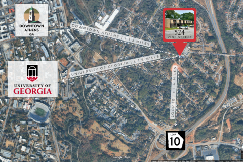 Aerial map showing 524 Vine Street in East Athens Georgia, 1.2 miles from downtown Athens and 1.5 miles from the University of Georgia campus