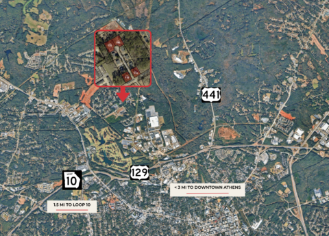Location map showing the Cumberland Court land portfolio's proximity to GA Loop 10, US-129, and downtown Athens, GA