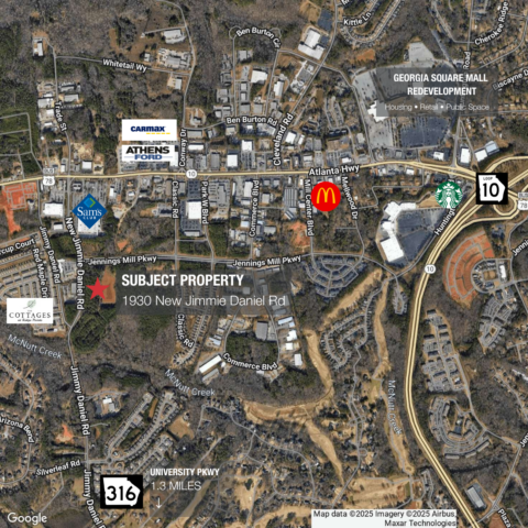Map showing 1930 New Jimmie Daniel Road's location near Atlanta Highway, CarMax, Sam's Club, and GA-316 in west Athens, Georgia