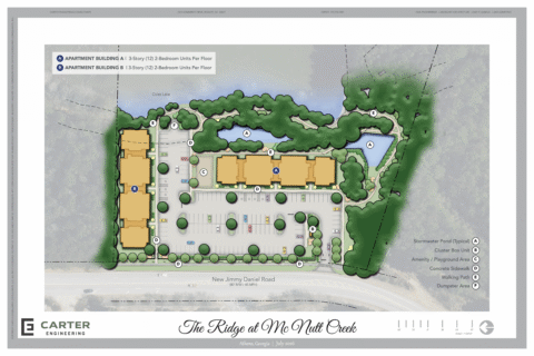 Conceptual apartment site plan for 1930 New Jimmie Daniel Road showing two apartment buildings, parking, walking paths, and amenity area along Coles Lake